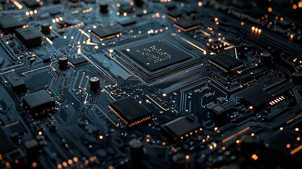Close Up View of a Circuit Board Emphasizing the Texture and Layout with Intricate Details of Microchips and Connections Against a Dark Backdrop