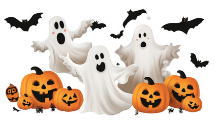 Four ghosts stand in front of pumpkins, with one of them smiling