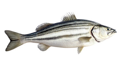A striped fish is shown in a white background