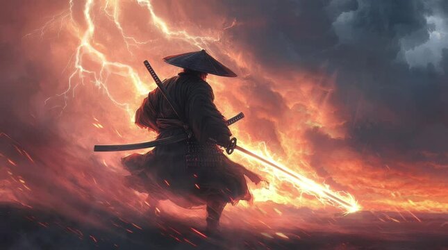 silhouette of a samurai wearing a bamboo hat and holding a samurai sword. Virtual 4K video animation background with looping time lapse with very smooth graphics.
