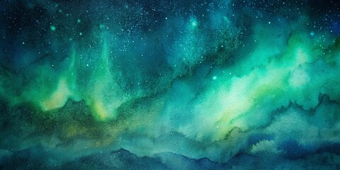 Obraz premium Grainy abstract background resembling a galaxy with teal and green hues, starry sky texture, ideal for banners, posters, or digital design. 