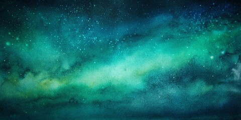 Grainy abstract background resembling a galaxy with teal and green hues, starry sky texture, ideal for banners, posters, or digital design.
