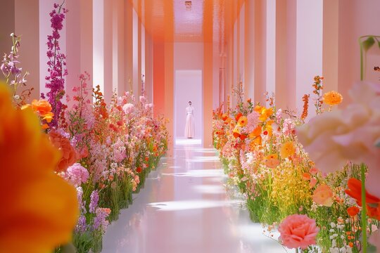 Worms-eye view of a minimalist couture runway surrounded by vibrant flowers, surreal perspective, soft pastel colors