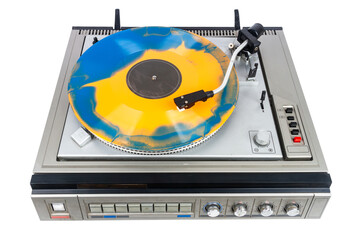 Fototapeta premium Vintage turntable record player with blue and orange vinyl isolated on white background.