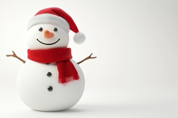 Fototapeta premium A snowman with a red scarf and a red hat is smiling. The snowman is a symbol of winter and the red scarf and hat add a festive touch to the image