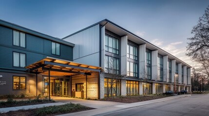 Obraz premium A boutique hotel with artisanal James Hardie siding, each panel uniquely crafted to tell a different part of the regiona??s history, located in a popular cultural tourism district