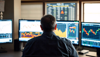 A man in a suit standing in front of multiple large screens displaying various financial data visualizations, stock chat, analysis of data, information on screen