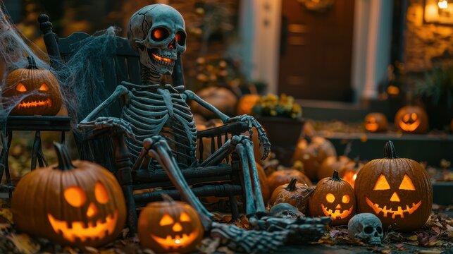 A front porch Halloween setup with a giant skeleton sitting on a rocking chair, surrounded by smaller skulls and pumpkins carved with eerie faces