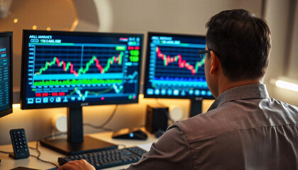 A man in a suit standing in front of multiple large screens displaying various financial data visualizations, stock chat, analysis of data, information on screen