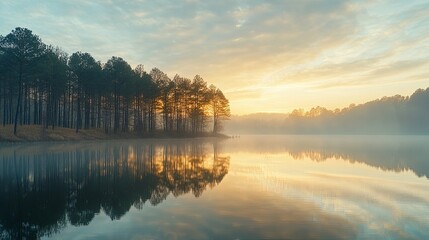 Misty Sunrise Over a Tranquil Lake with Silhouetted Trees