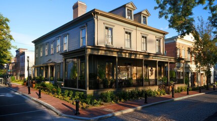 A boutique hotel with intricate James Hardie siding, located in a historic downtown district, blending traditional architecture with modern fire-resistance and insulation properties
