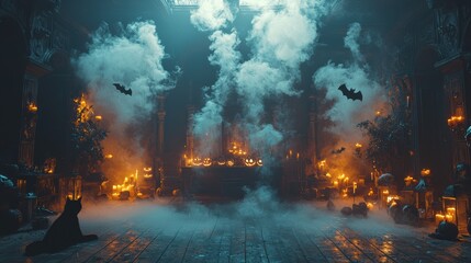 Fototapeta premium A Halloween party setting with smoke creating a ghostly mist, witches in dark robes
