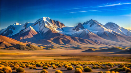 This image displays a vast desert landscape with scattered vegetation in the foreground. In the background, towering snow-capped mountains rise under a clear blue sky, creating a stunning contrast bet