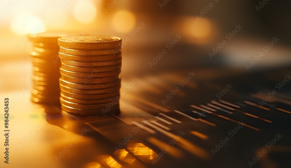Poster a close-up image of a stack of gold coins on a dark background with a soft, golden light.