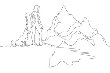 Continuous one line drawing woman with dog in nature. Tourist with backpack looks at high mountains. Traveler with dog on the way. Mountain landscape. One continuous line isolated minimal illustration
