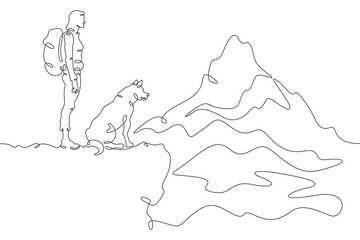 Continuous one line drawing woman with dog in nature. Tourist with backpack looks at high mountains. Traveler with dog on the way. Mountain landscape. One continuous line isolated minimal illustration