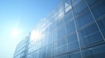 Photo realistic 3D Render of a Modern Glass Building with Morning Sunlight and Urban Cityscape