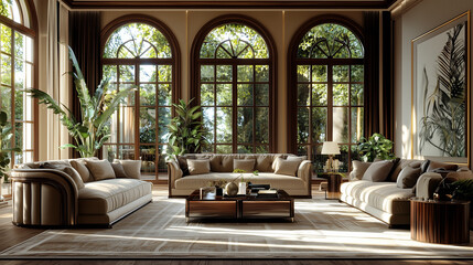 Photo realistic 3D Render of a Luxury Home Living Room with Plush Furniture and Stylish Decor