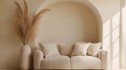A neutral-toned living room with a beige sofa and modern decorative elements
