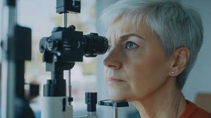 Senior woman receiving a detailed eye examination test