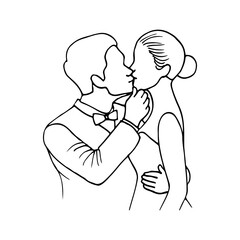 man and woman kissing half portrait in profile - hand drawn doodle. newlyweds in a kiss