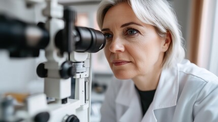 Mature woman at clinic undergoing eye diagnostic test