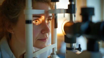 Optometry equipment and patient during vision check-up