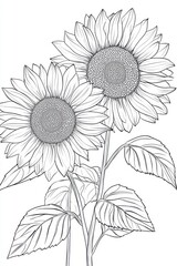 A pair of large sunflowers with intricate petals and leaves all in a simple black outline