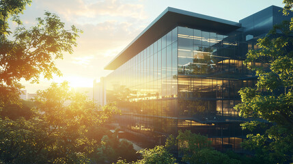 Fototapeta premium 3D Render of a Stunning Glass Building at Sunrise with Warm Morning Light in a Vibrant City Environment