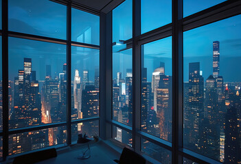office, short view from the window of a modern office from the top floor of a skyscraper at night, during the day, a large modern metropolis financial center