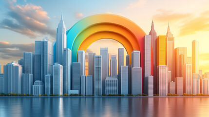 Obraz premium A vibrant city skyline with a colorful rainbow arching over skyscrapers during a beautiful sunset.