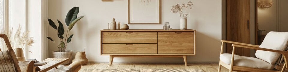 Fototapeta premium Modern Scandinavian living room with wooden commode, design elements, and personal accessories in a unique home decor setting.