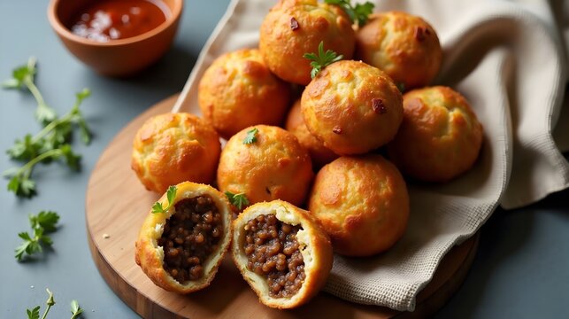 Amagwinya (Magwinya) filled with savory mince served with garnish on wooden board (South African cuisine)