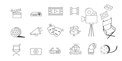 Editable Film icon doddle set, movies drawing collection for background and pattern design,motion picture drawing pack. Hand drawn icon set