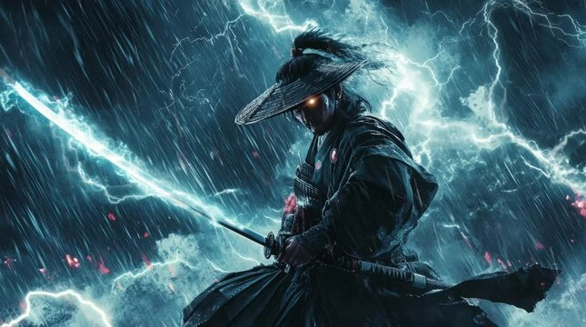 samurai wearing bamboo hats and holding samurai swords. Virtual 4K video animation background with looping time lapse with very smooth graphics.