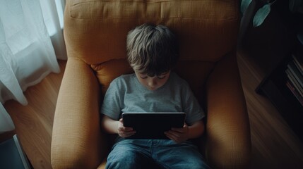Young boy using a tablet on yellow comfy chair
