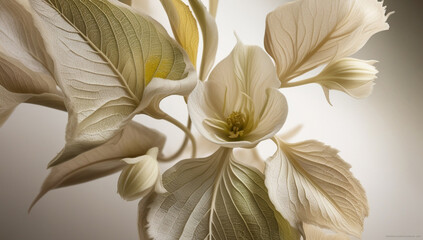 A highly detailed, macro photograph of delicate flower petals and beige, translucent leaves with intricate, natural textures, generative ai