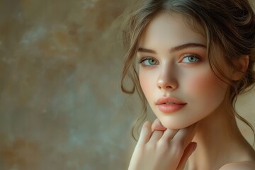 A poised and elegant woman with her hair neatly tied back, softly resting her chin on her hands