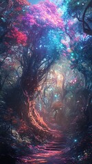 Obraz premium Frontal view of a mystical forest intertwined with futuristic technology, vibrant colors, enchanted atmosphere