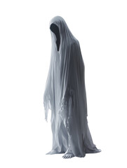 Ghost figure in gray drapery, white isolate background