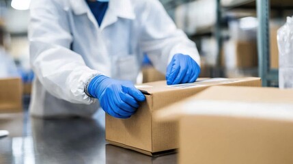 Worker packing pharmaceutical products in boxes