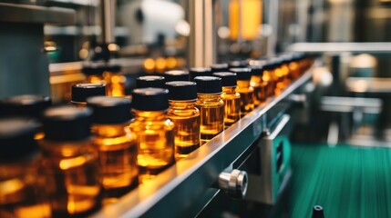 Fototapeta premium Production line with amber bottles in a modern factory.