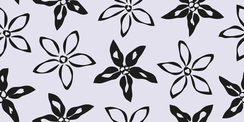 Hand drawn exotic flowers silhouette seamless pattern, summer beach pattern. Design for fabric, wrapping, cover, card, wall art, decoration.