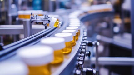 Obraz premium White jars with yellow contents on a conveyor system.
