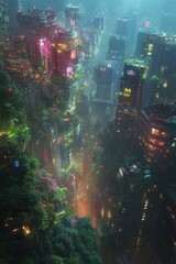 Obraz premium High-angle view of a dystopian cityscape merging with lush, overgrown nature, vibrant colors clashing, surreal atmosphere