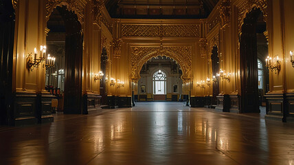 Obraz premium Rectangular mirror inside golden palace, palace with large rectangular mirror in center, close-up inside golden palace