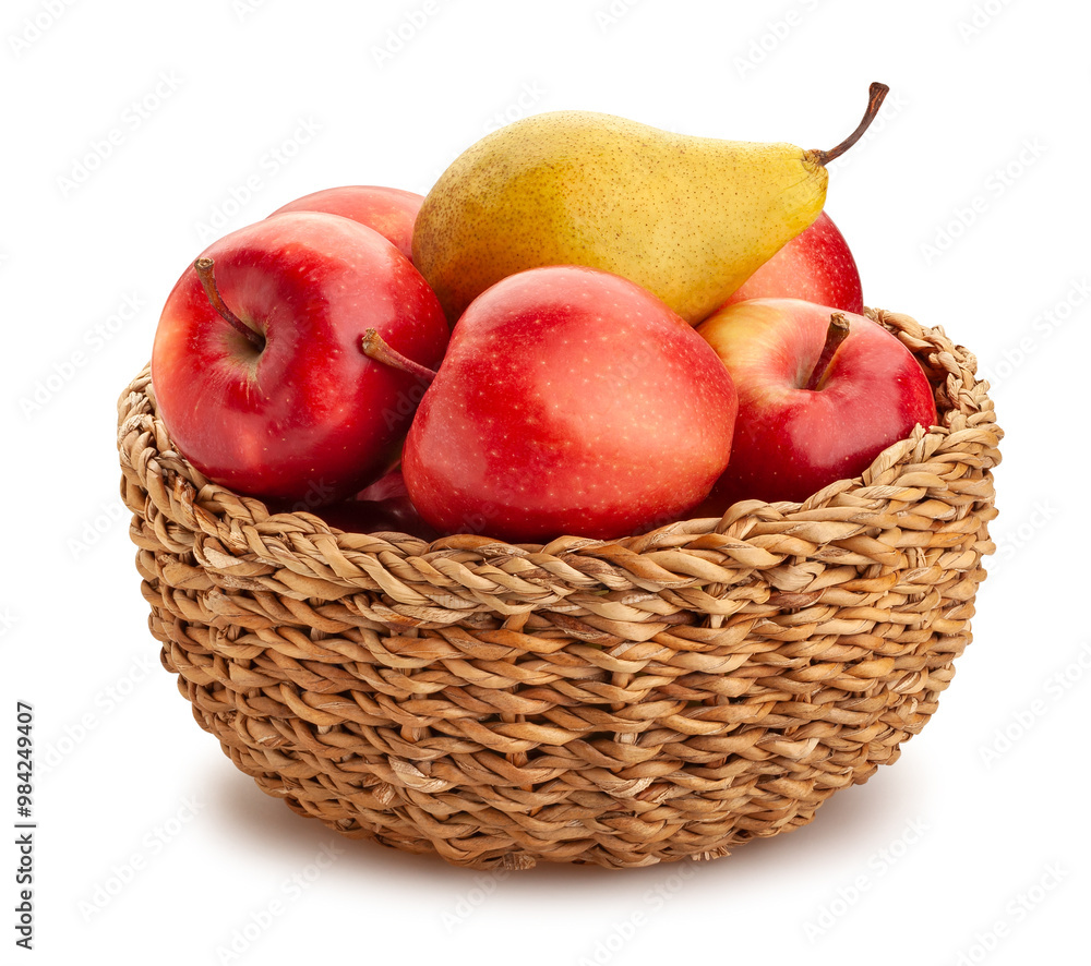 Sticker red apples yellow pears basket path isolated on white