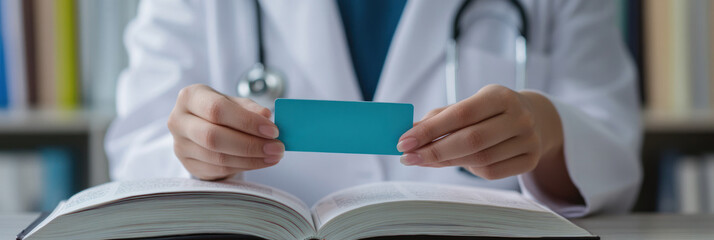 Doctor in white coat holding a blue card above a book