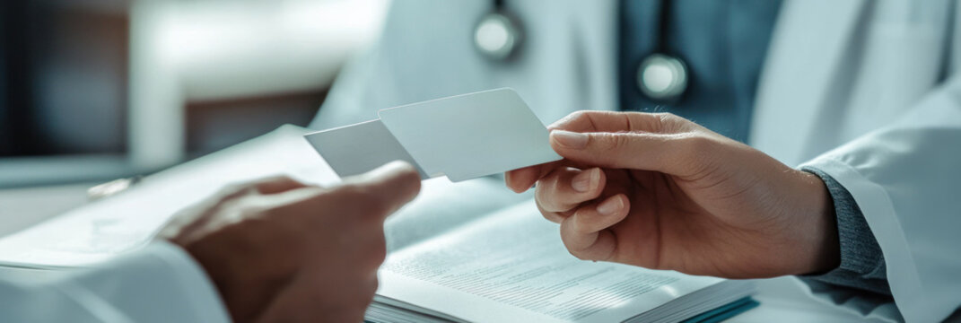 Doctors handing off important medical information card.