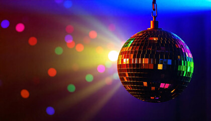 Fototapeta premium Disco ball sphere with colorful disco lights for party nights , wallpaper background with copy space, ai generated